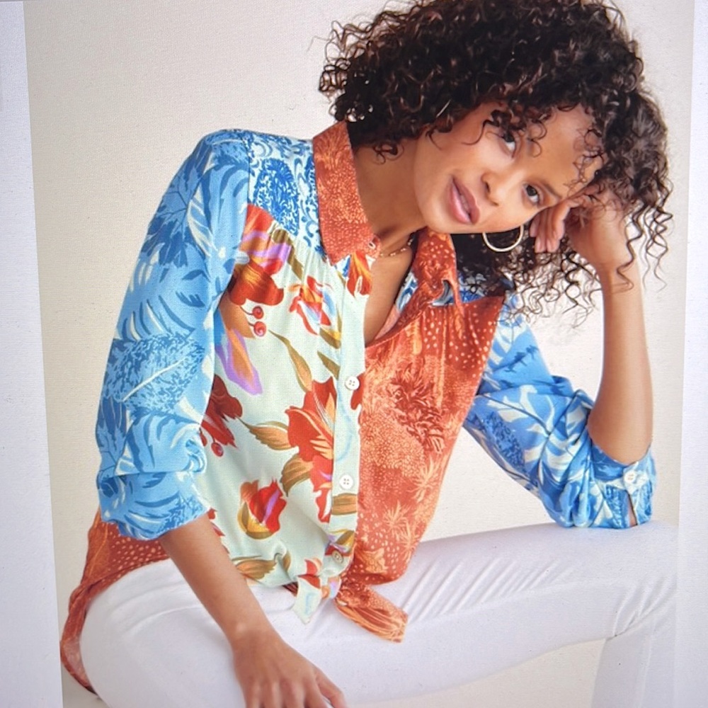 Soft Surroundings Hermosa Tunic Long Sleeve Shirt Pink Botanical Button Down
